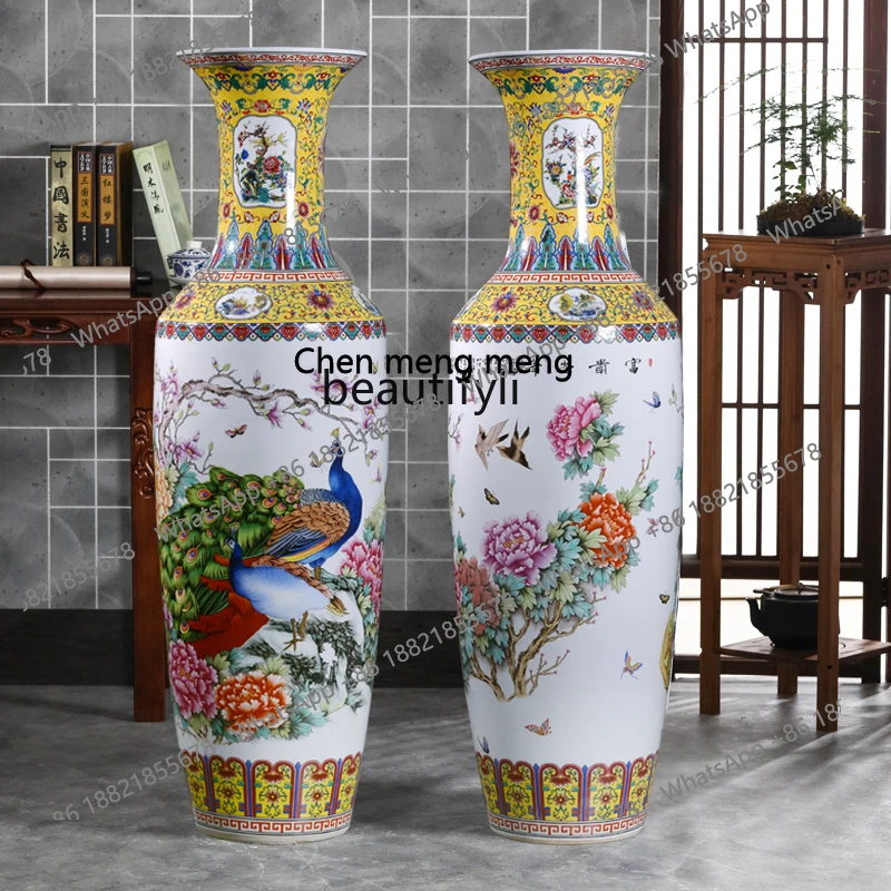 Pottery Famille Rose Hand Drawning Peacock Vase Decoration Floor Large Vase Hotel Living Room Home Decorations