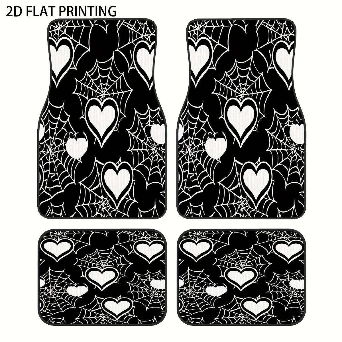 

4pcs Black Base With Heart Pattern Printed Car Floor Mats, Universal Polyester Material, All-Season All-Weather Interior Protect