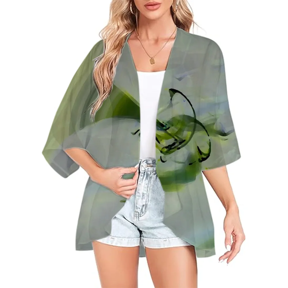 

Summer Women'S Short Sleeve Kimono Cardigan Color Block Sheer Shawl Capes Chiffon Beach Cover-Up Casual Loose Flowy Blouse Tops