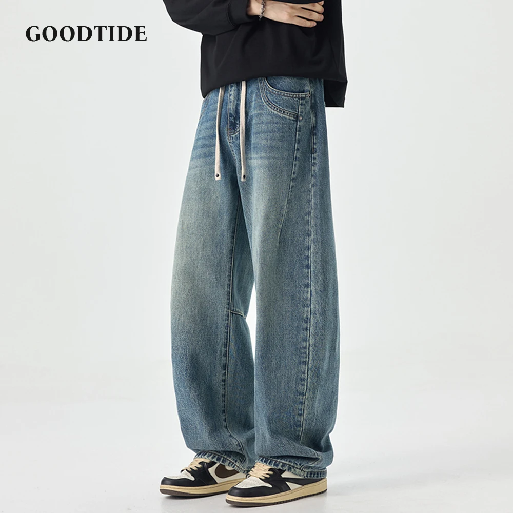 

Fashion Men's Scimitar Wide Leg Jeans 2025 Autumn New Drawstring High Street Splicing Loose Casual Denim Trousers Size 28-38