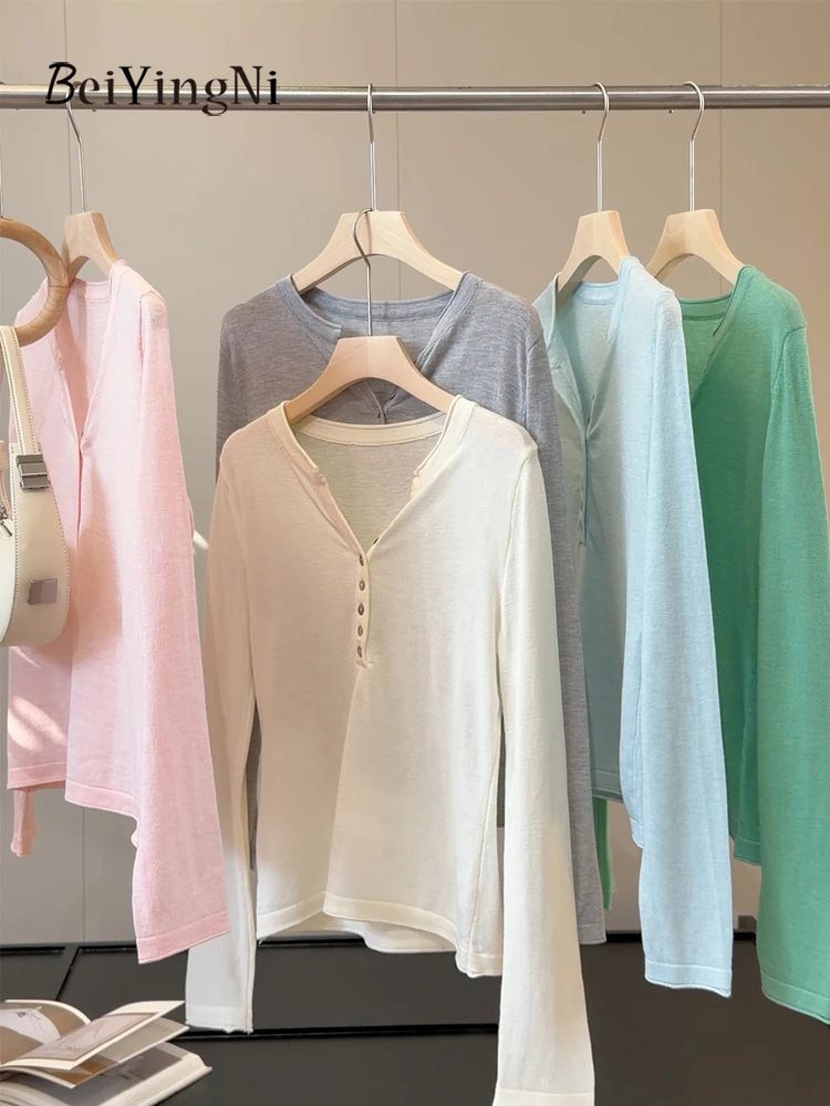 Beiyingni Sexy Casual Women Sweaters Pure Color Japanese Korean Style Long Sleeve Top Female Knitwear Buttons OL V-neck Pullover