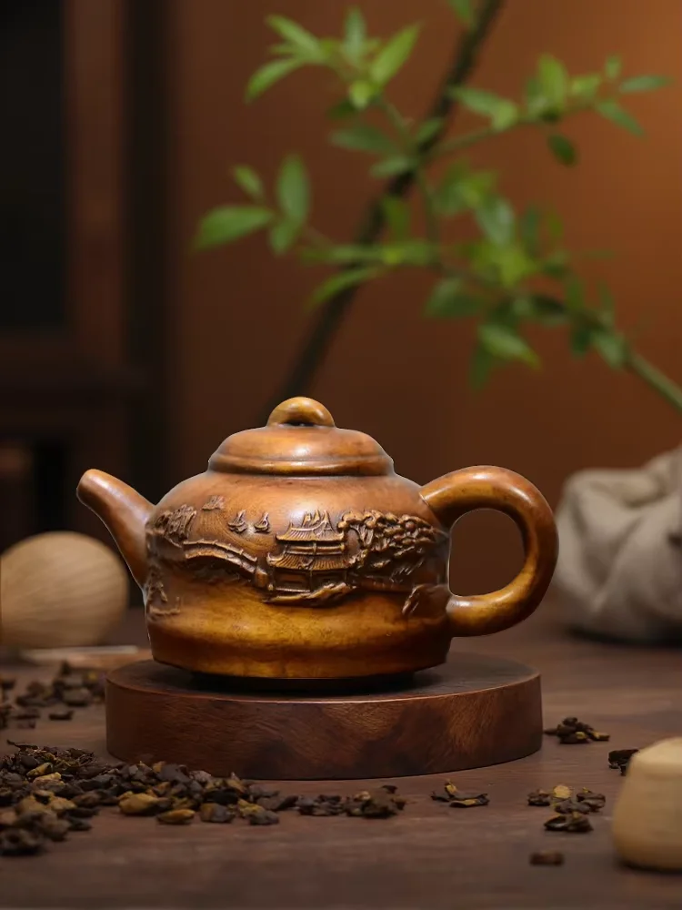 Old Boxwood Landscape patterns Handheld pot teapot kettle study screen Amitabha Amass wealth Ornaments
