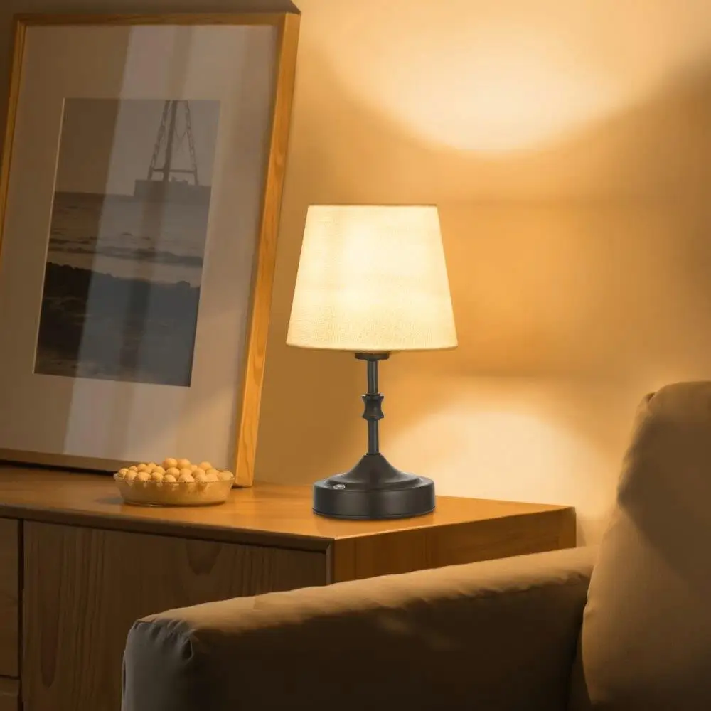 

Rechargeable Cordless Table Lamp Small Fabric Shade Black Desk Light Portable Battery Operated Indoor Use