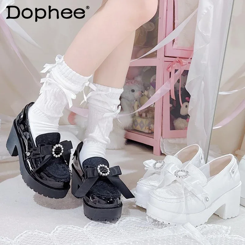 

Mine Series Japanese Mass-produced Platform Shoes Women's Sweet Bow Black Lolita Leather Shoes Lady Party High Heels Spring