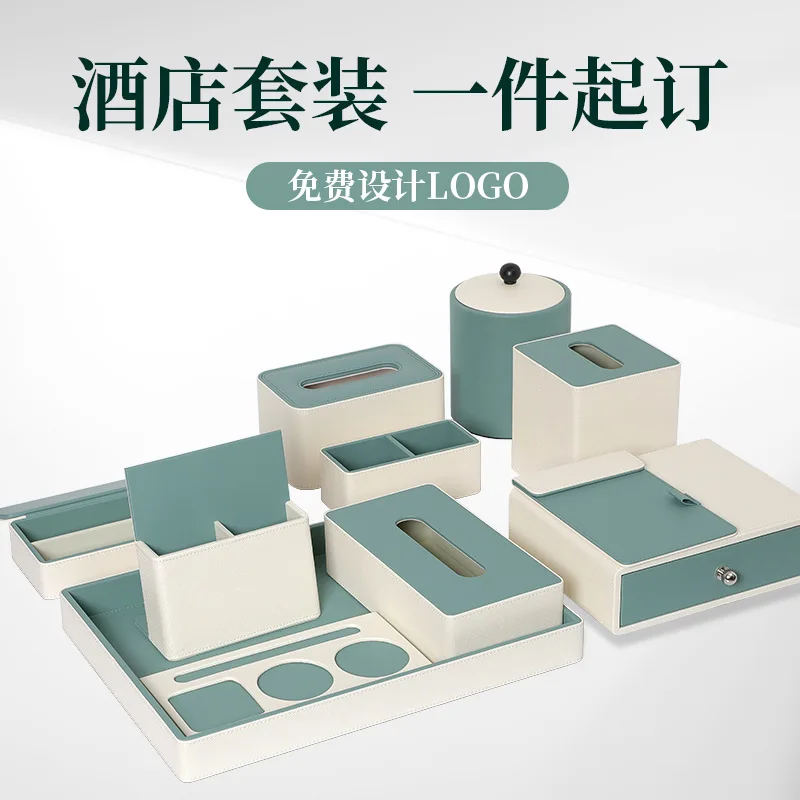 Hotel Room Storage Set with Custom Logo, Toothbrush Tray, Tissue Box, Trash Can & Remote Control Organizer