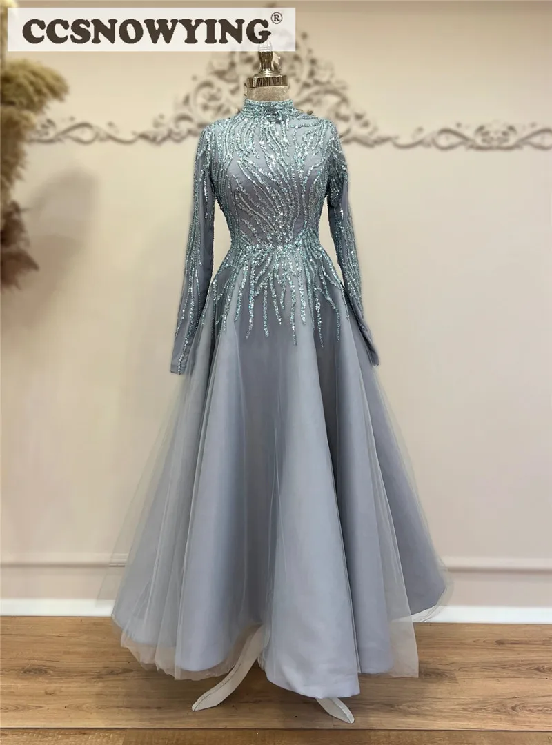 Dusty Blue Beaded Long Sleeve Muslim Evening Dresses High Neck Arabic Dubai Caftan Hijab Islamic Prom Dress Formal Party Gown