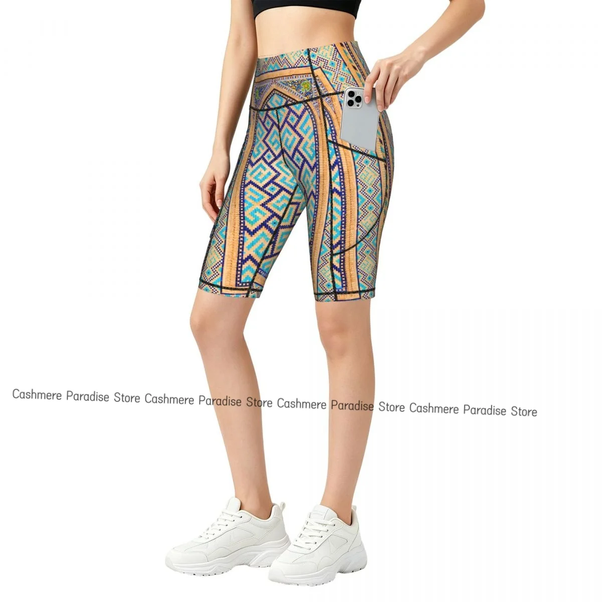 Mosaic Pattern Sport Yoga Shorts Pants Women Fitness High Waist Hip Lift Running Yoga Side Pockets Tights Sportswear