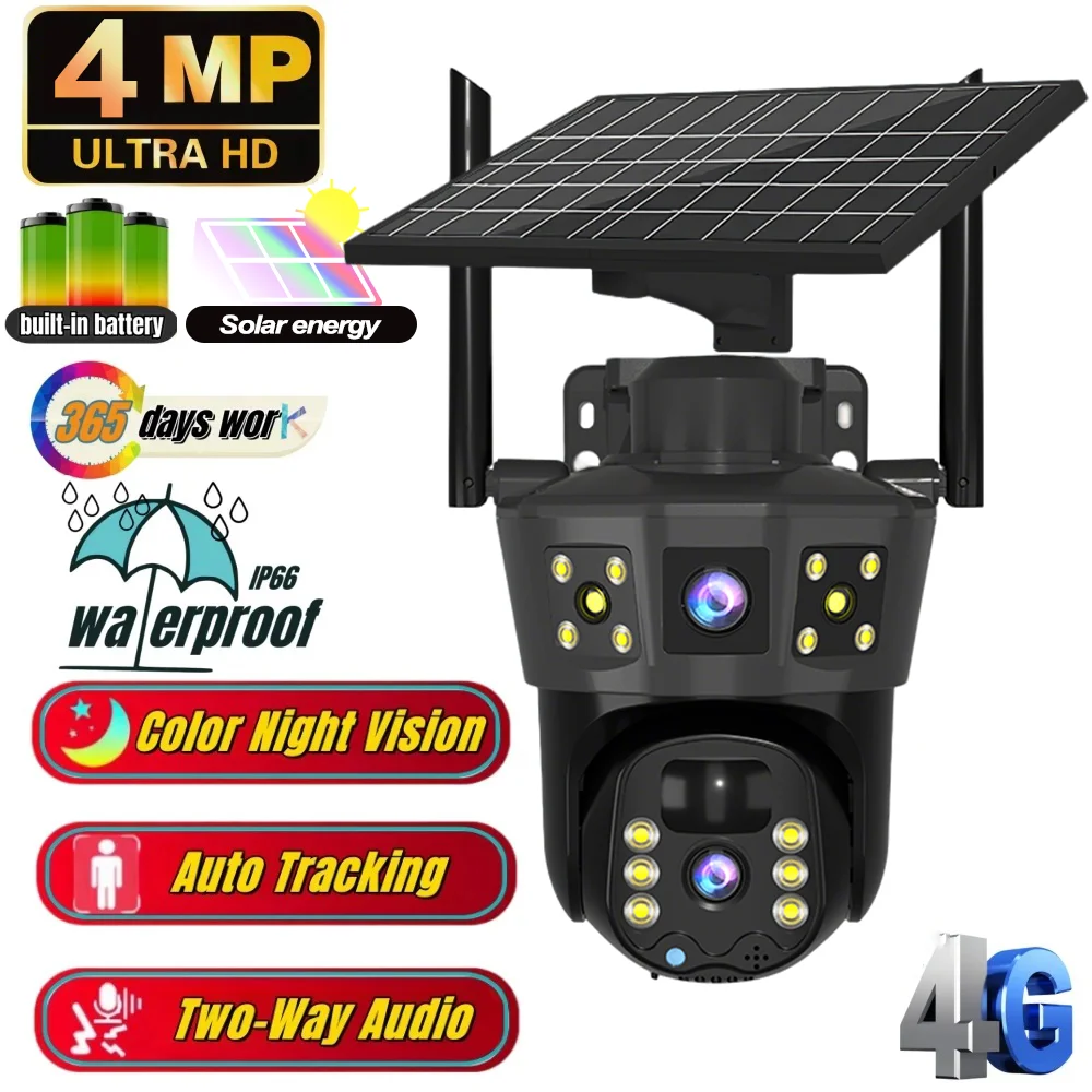 

Солнечная PTZ-камера 4MP HD Открытый 4G Беспроводная IP-камера Солнечная панель безопасности Встроенный аккумулятор PIR Человеческая 4-мегапиксельная камера наблюдения