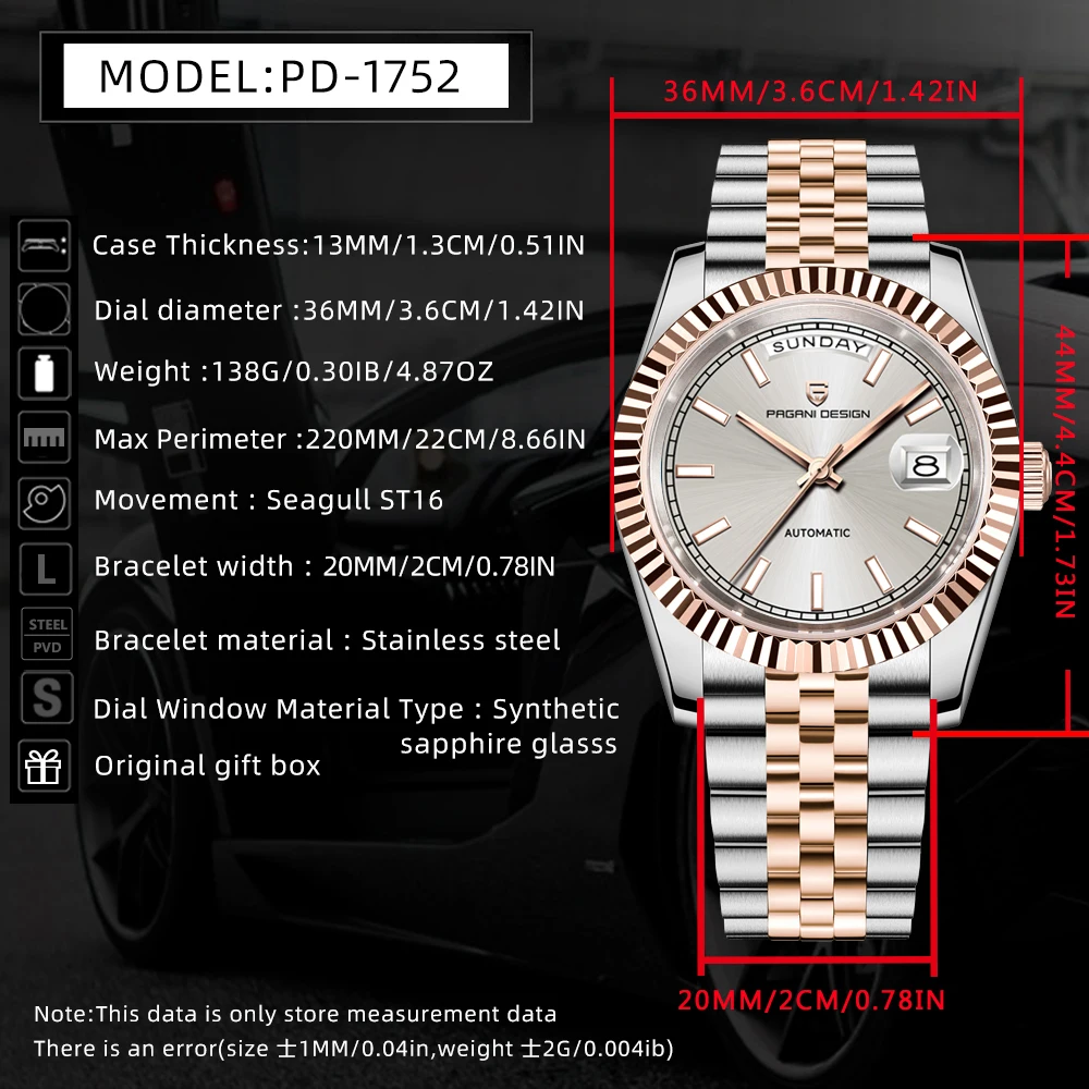 PAGANI DESIGN ساعات الذهب والفضة المينا ساعة ميكانيكية أوتوماتيكية للرجال 36 مللي متر الياقوت الكريستال مقاوم للماء الفولاذ المقاوم للصدأ