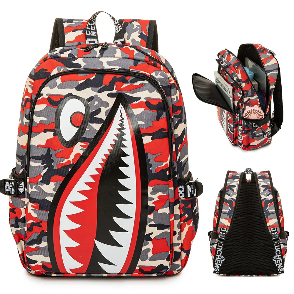 Cool Shark Mouth Prints Bagpack Boy Camouflage College Bags Unisex Schoolbags Waterproof Backpacks Student Large Capacity Bags