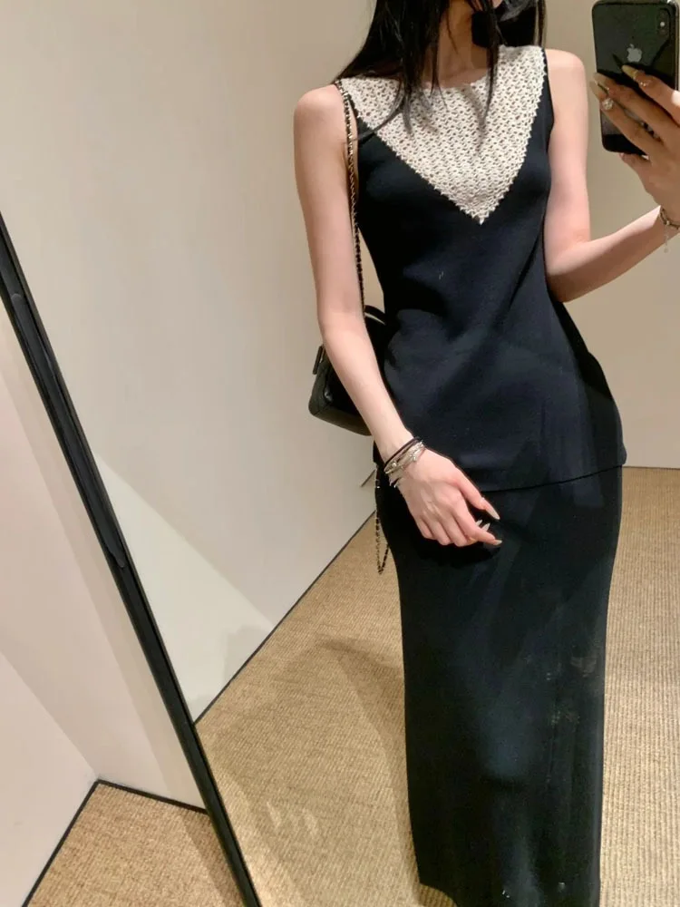 

Новинка ранней осени: вязаный жилет-топ и юбка для женщин, прямой крой, высокая талия, летний, из полиэфирного волокна