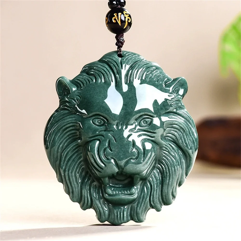 

Natural Green Jadeite Hand Carved Chinese Lion Head Lucky Pendant Amulet Necklace Certificate Trendy Luxury Jade Gift Jewelry