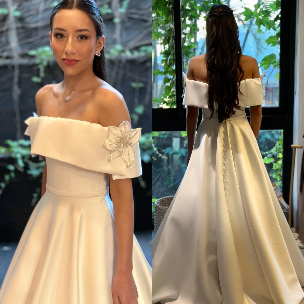 

Customized High Quality Elegant Pleat Flower Button A-line Off-the-shoulder Long Dresses Bespoke Occasion Dresses Exquisite