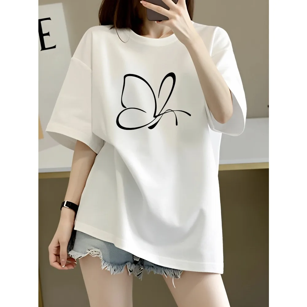 2026 Lady Tops Butterfly Print T-Shirt Women'S Fashion Round Neck Short Sleeve Minimalist Fresh And Stylish Casual Aesthetic