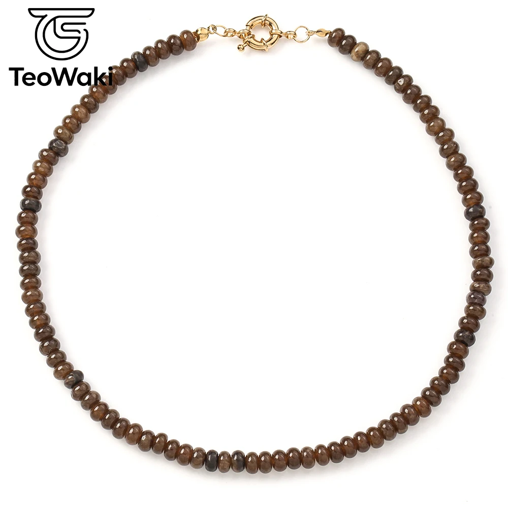 TeoWaki Boho 4x6mm Rondelle Brown Jade Beaded Necklace 40cm Christmas New Year Present For Women Friend Holiday Party Accessory