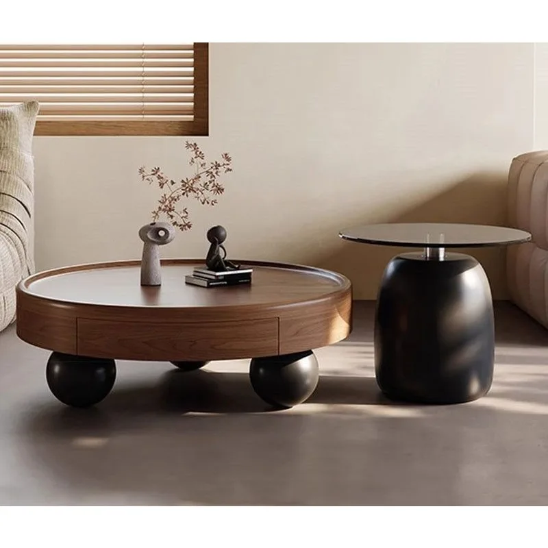 Medieval style round coffee table combination living room household Italian size round solid wood small apartment