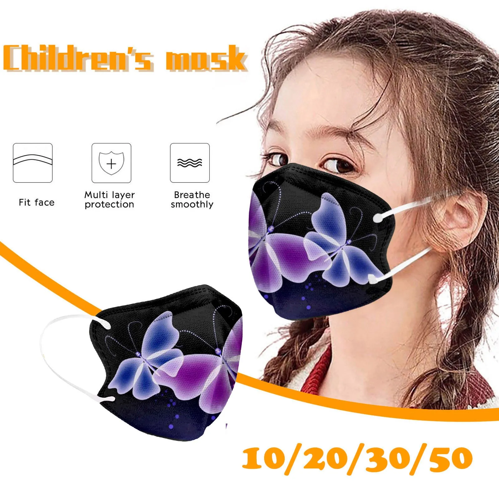 Butterfl Print Children Mask Kids Face Cover Multi Layer Protection Breathable Smooth Fit Disposable Mask Boy Girl School T1