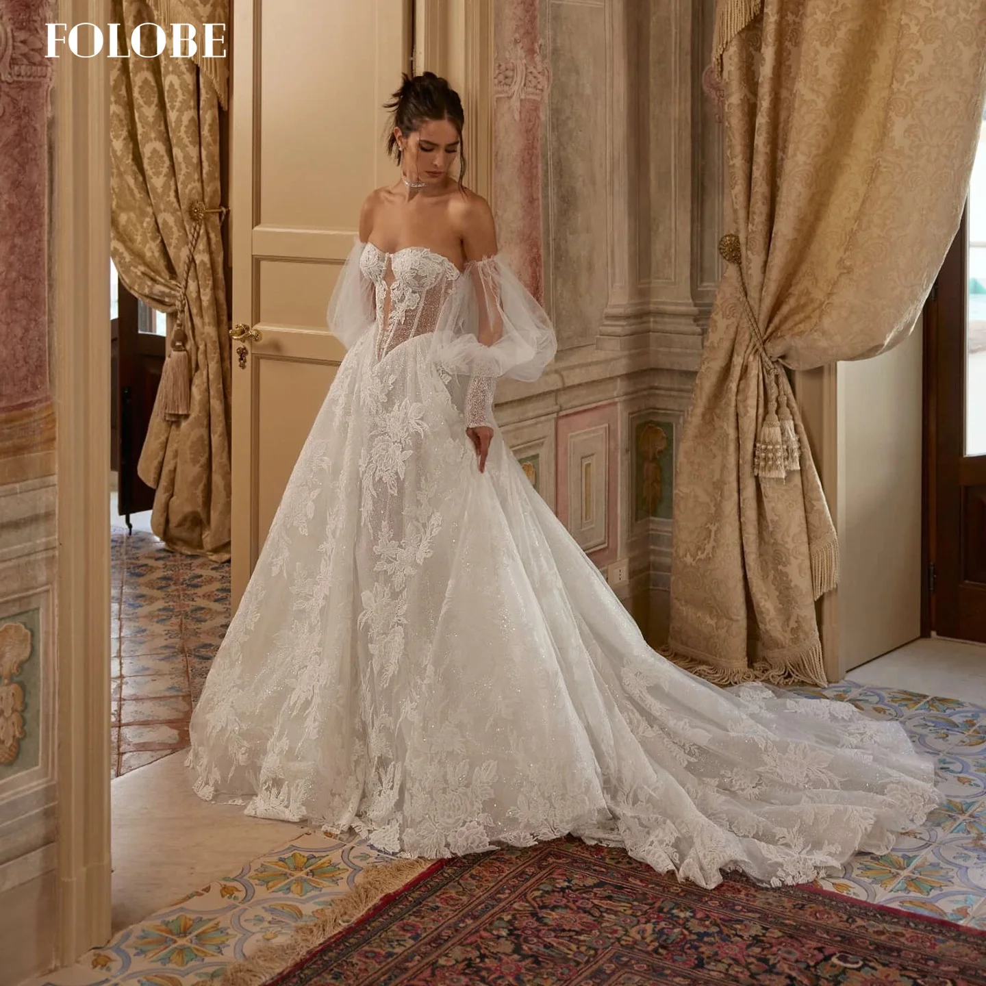 

FOLOBE Strapless 3D Flowers Wedding Dresses A-Line Puffy Sleeve Bridal Gowns Lace Appliques Vestidos De Novia Customized