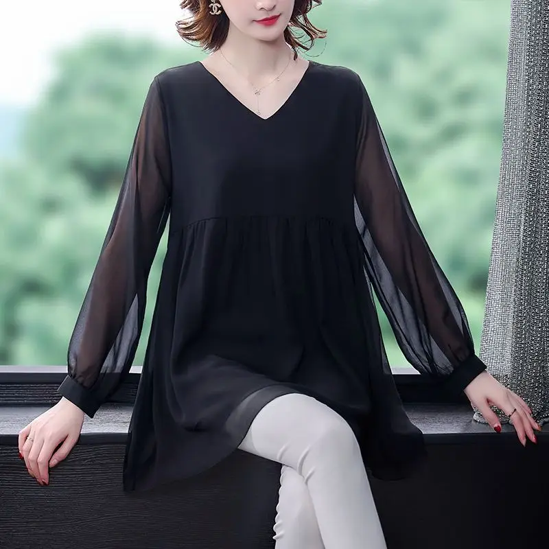 Women\'s Spring Autumn Fashion Elegant Solid V-Neck Pullover Chiffon Lace Temperament Versatile Long Sleeve Loose Mid Length Tops