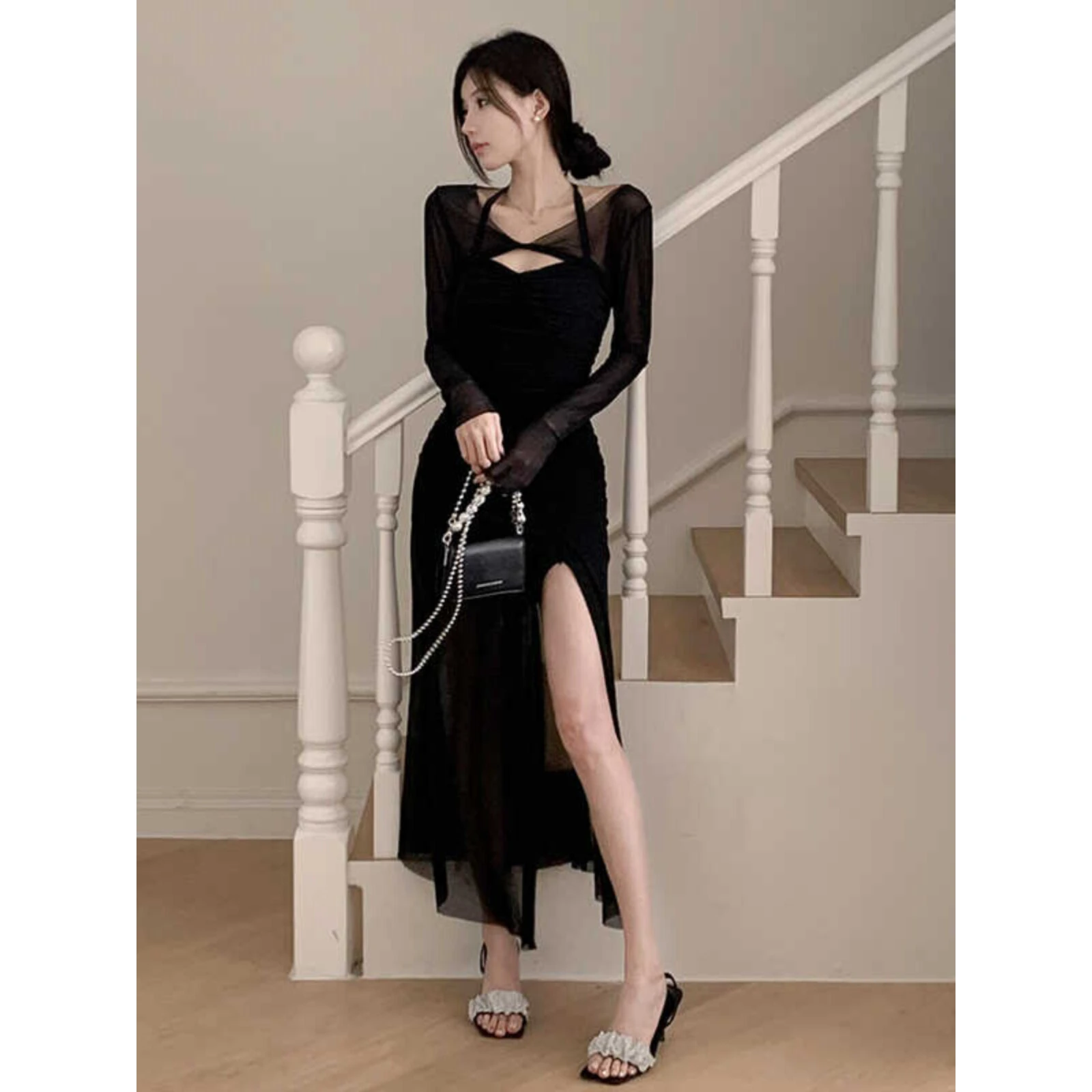 Summer New Pure Desire Style Women's Long Dress with Mesh Neck Hanging Strap Slim Fit Sexy Split Two-Piece Set Casual H-Style