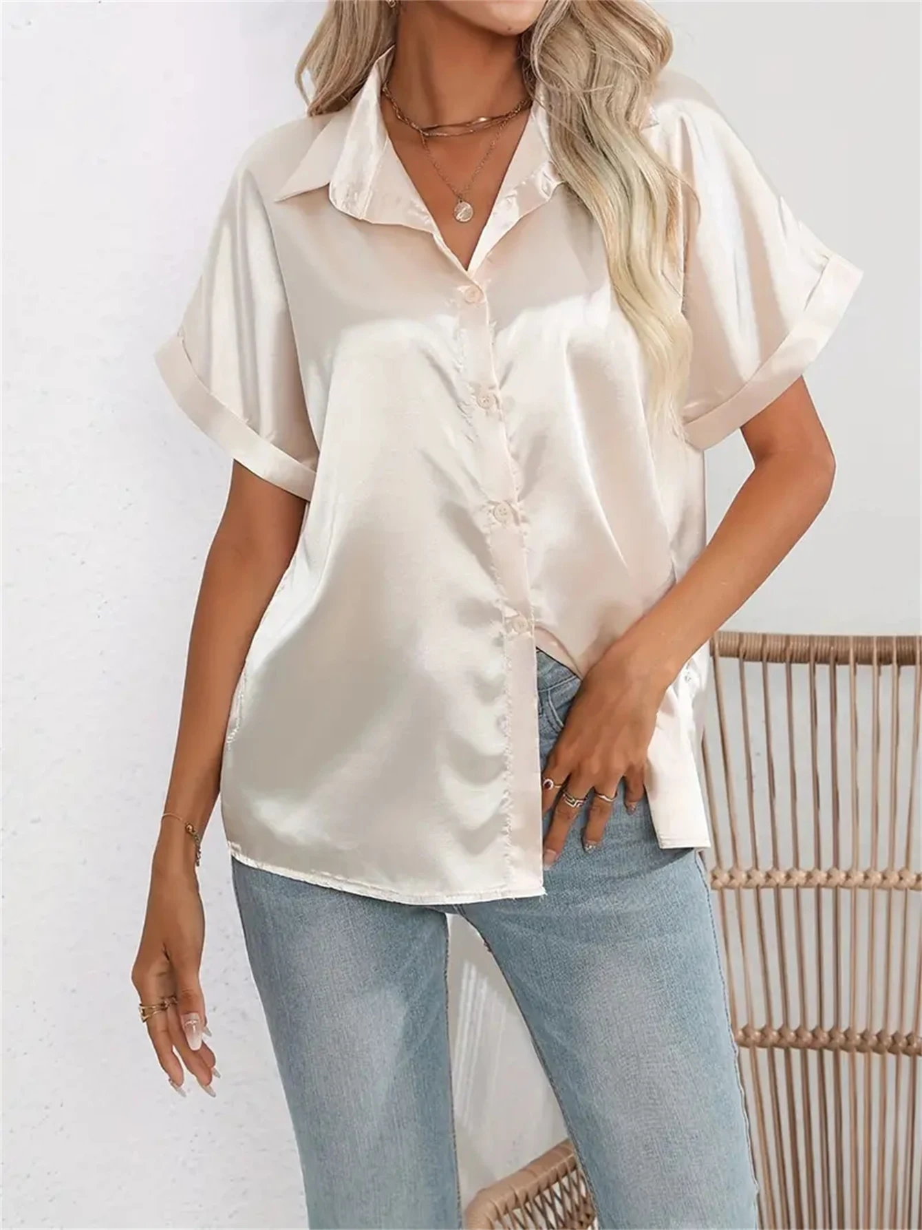 Casual Turn-Down Collar Button Front Solid Color Short Sleeved Satin Shirt Women Summer Blouse