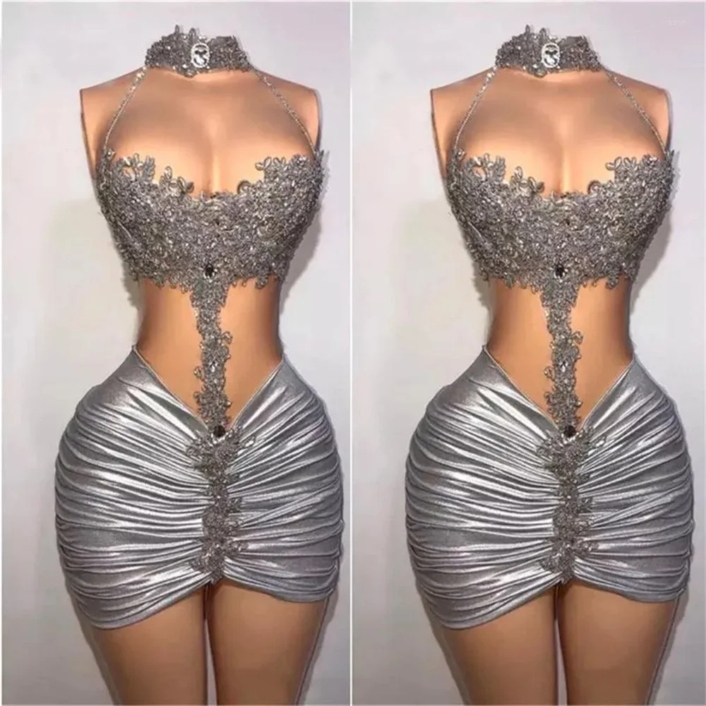 

Party Dresses Cocktail Beaded Prom Gown High Neck Applique Illusion Evening Custom Sleeveless Plus Size Above Knee Mini