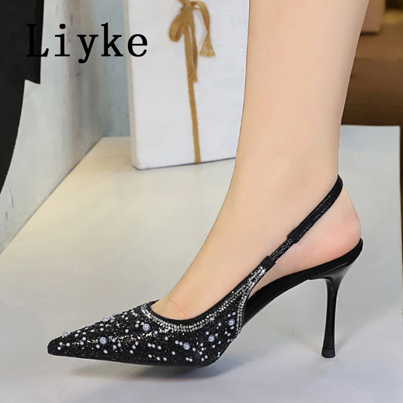 

Liyke New Summer Women's Sandals Crystal Pearl Designer High Heels Elegant Slingback Pointed Toe Wedding Prom Shoes Lady Pumps