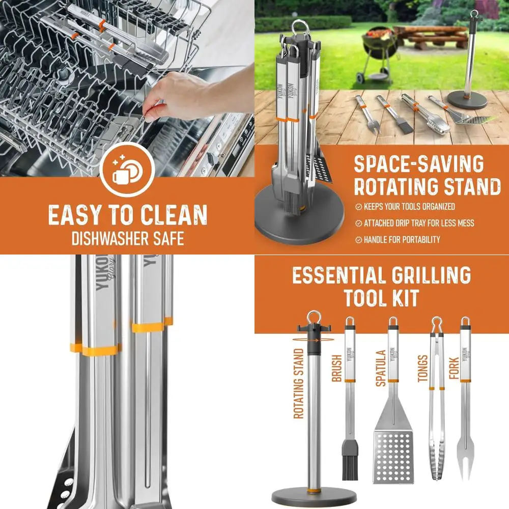 

Grill Master's Stainless Steel BBQ Kit: Rotating Stand, Drip Pan, Spatula, Tongs, Fork, Brush - Perfect Gift for Grilling Enthus