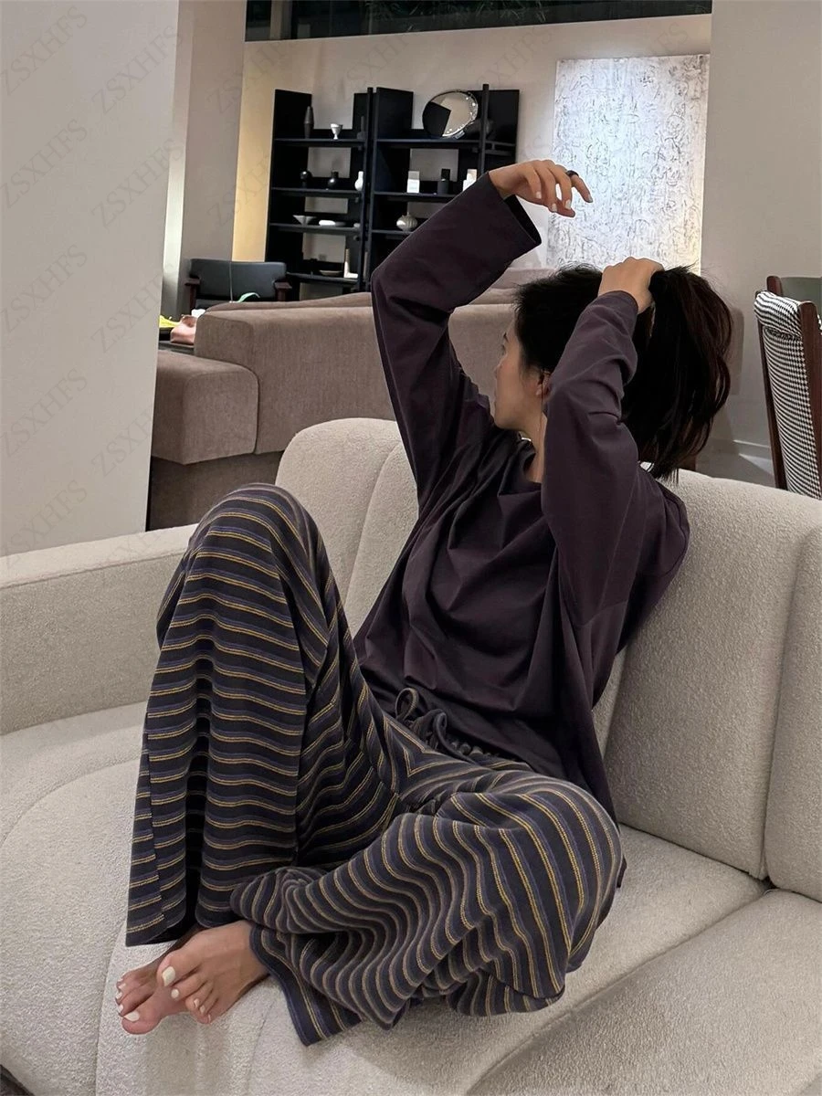 Women Simple High Waist Autumn Winter Casual Wide Leg Trouser Vintage Striped Pants All-match Students Harajuku Mopping Trousers