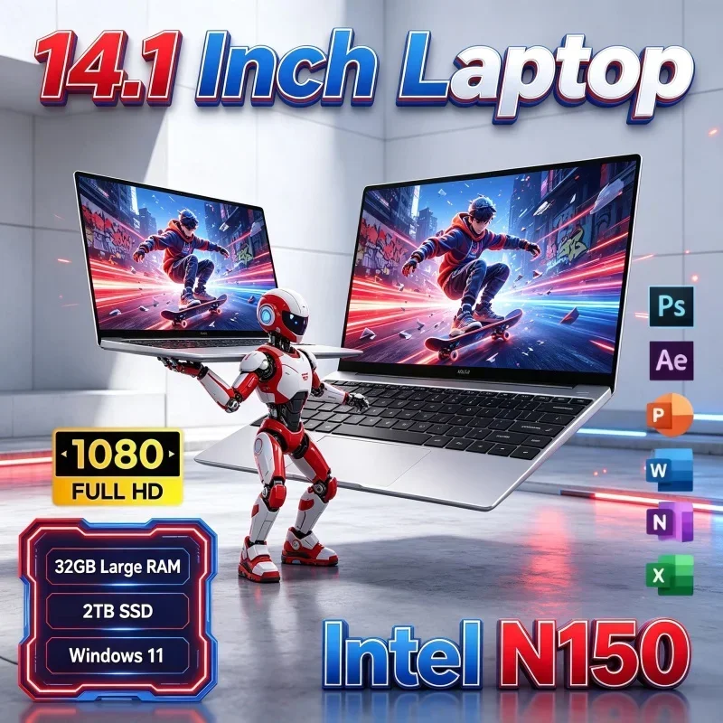 New Release 14.1" Ultraportable Laptop Intel N150 Win11 32GB RAM 2TB SSD Wireless Transmission Notebook For Business Trip Game
