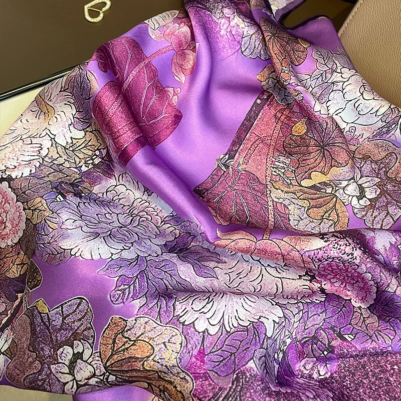 Hangzhou Silk100% Mulberry Silk Scarf Stylish Pink Purple Real Silk Square Scarf Women's 70cm Fashionable Neck Tie Pashmina