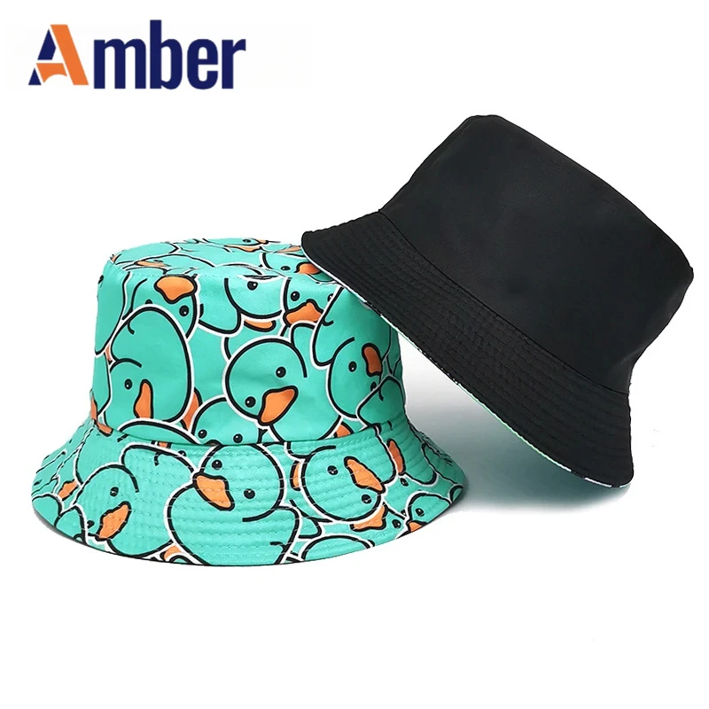 

Amber Cartoon Duck Bucket Hat Cute Printing Fisherman Hats For Men Women Double Sides Panama Cap 58cm Summer Outdoor Sun Caps