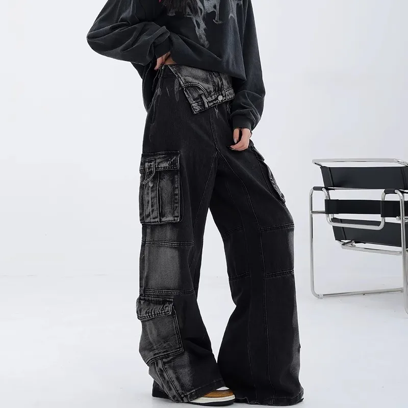 

Vintage Cargo Pants Baggy Jeans Women Fashion 90s Streetwear Pockets Wide Leg High Waist Straight Y2k Denim Trousers Overalls