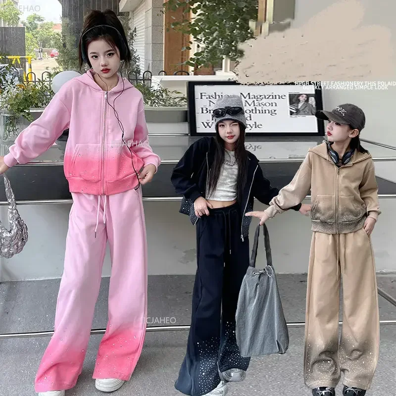 

Блестящая спортивная одежда для девочек-подростков, комплект из 2 предметов, детский костюм для юниоров, детская одежда, градиентное пальто на молнии + повседневные широкие брюки, весенний костюм