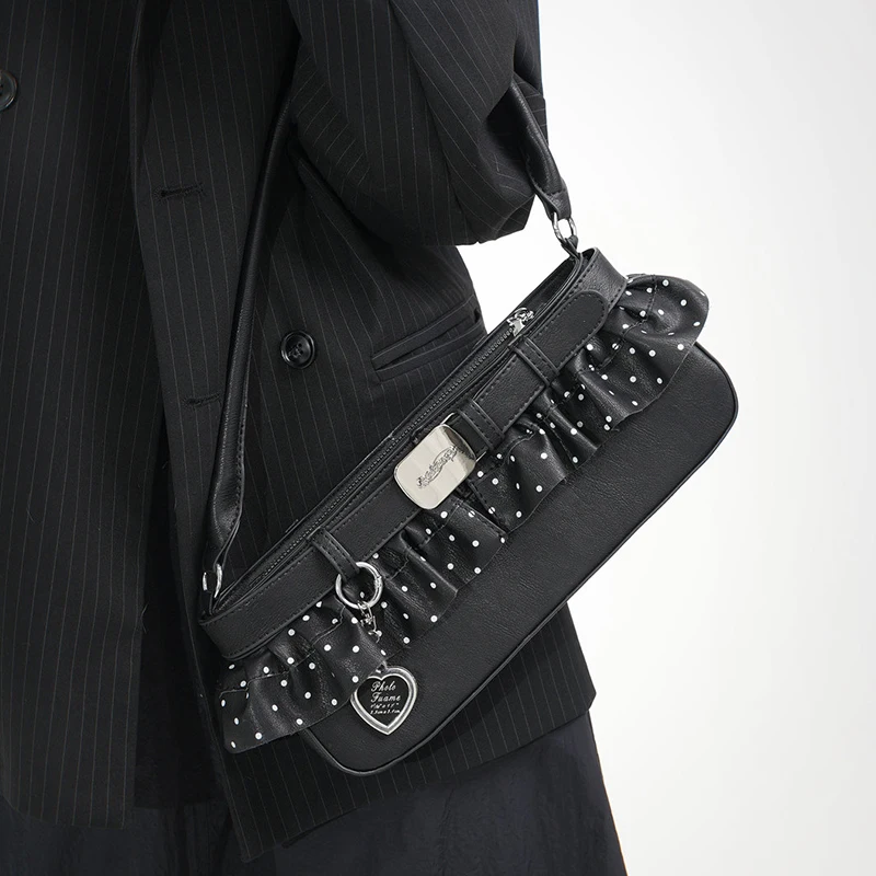 Umhängetasche mit gepunktetem Rüschenrand, Damen-Hobo-Handtasche, schicke Unterarmtasche im East-West-Stil, Y2k-Pendlertasche für Mädchen – Detail 10