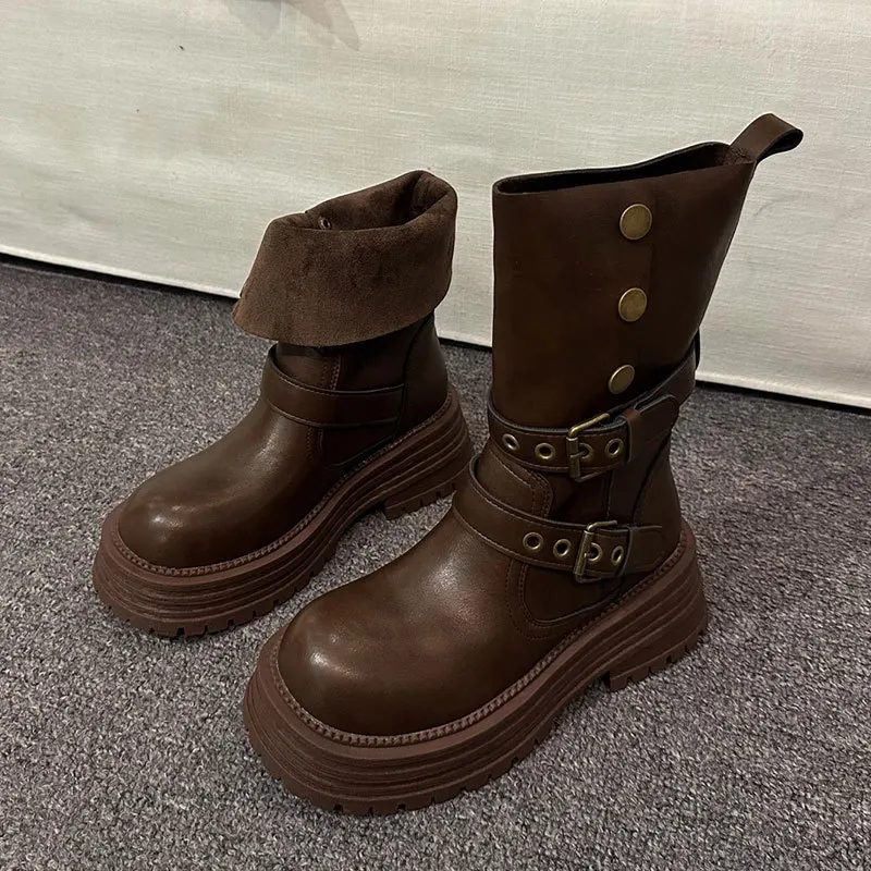 2026 Autumn Winter Women Vintage Knee High Knight Boots Belt Buckle Platform Ladies Boots Slip‑On Long Booties Zapatos De Mujer