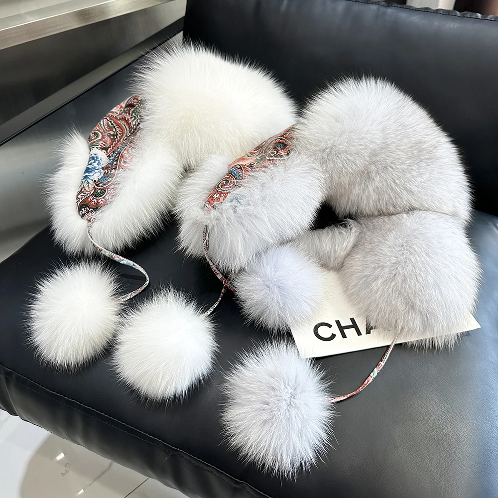 Winter Fur Hat for Women Hat with Ear Real Fox Fur Caps Russian Women Bomber Hats Bonnets Trapper Cap Camo Fox Hat Wholesale