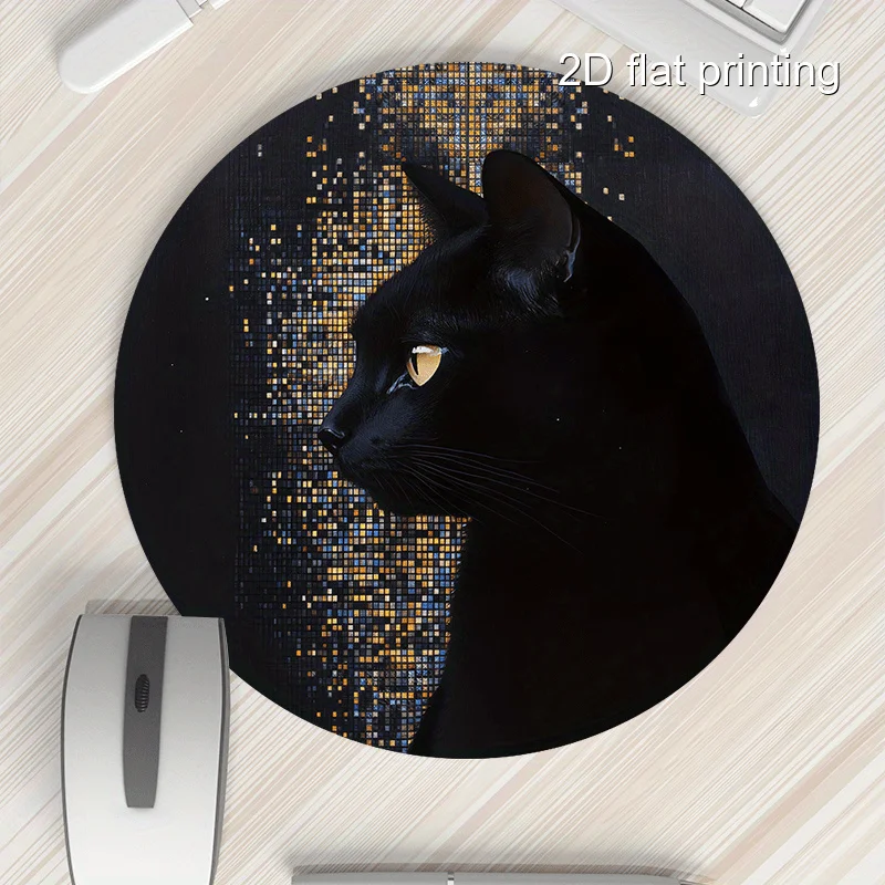 Black Cat Round Mouse Pad Desk Mat Non-Slip Rubber Pad Gamers Laptop Office Desk Mats Mousepad Setup Office Desk Accessories