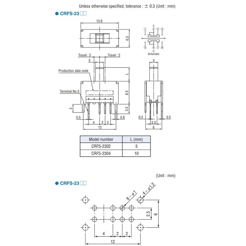 1PCS/LOTS Japan COPAL CRFS-2302W Vertical Double Row Toggle Switch 8-pin 3-position Slide Power Switch with Bracket