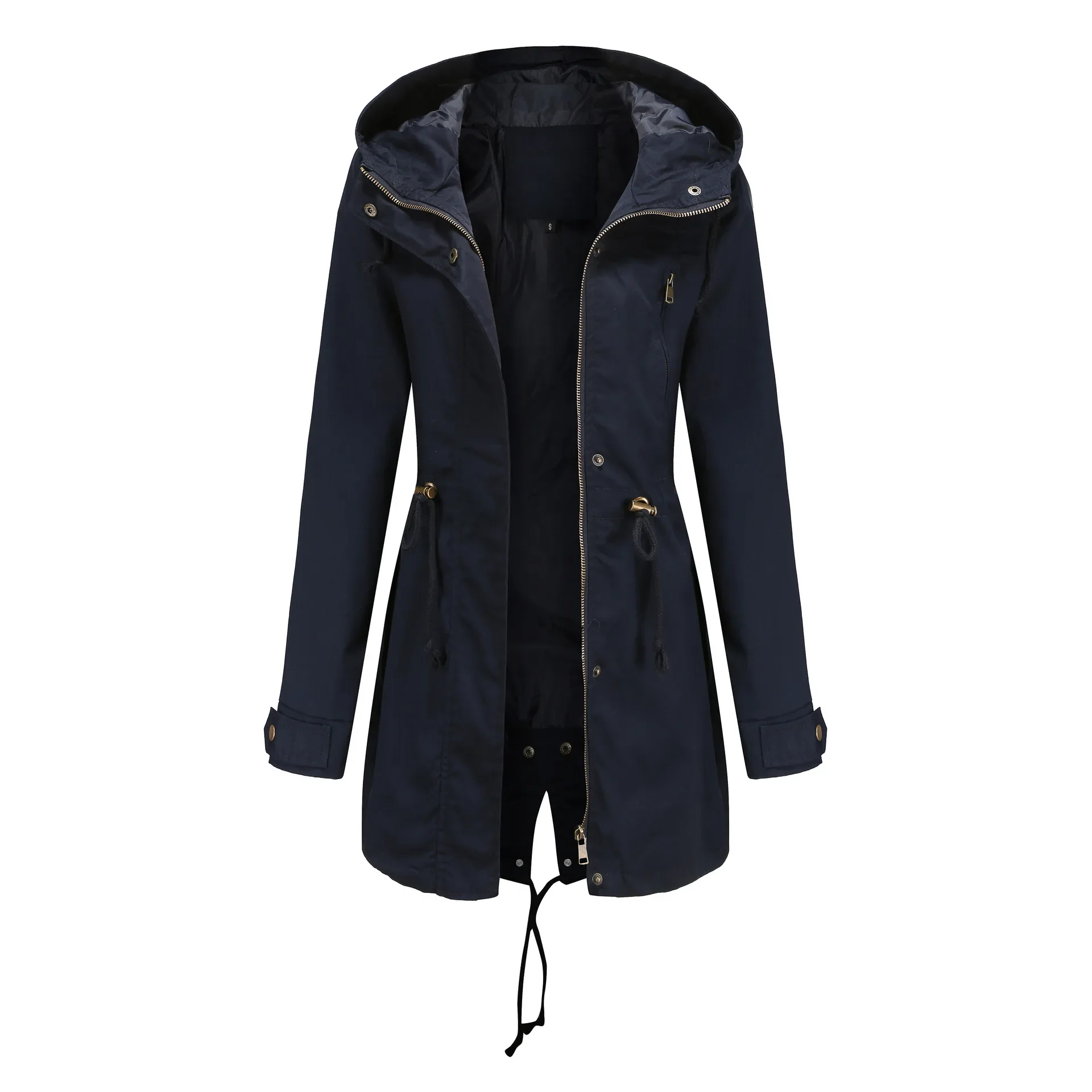 Mantel Frauen mittellange Mäntel Trench Kapuze Reiß verschluss Kordel zug Jacke voller Ärmel lässig reguläre Slim Fit solide Spleiß jacken