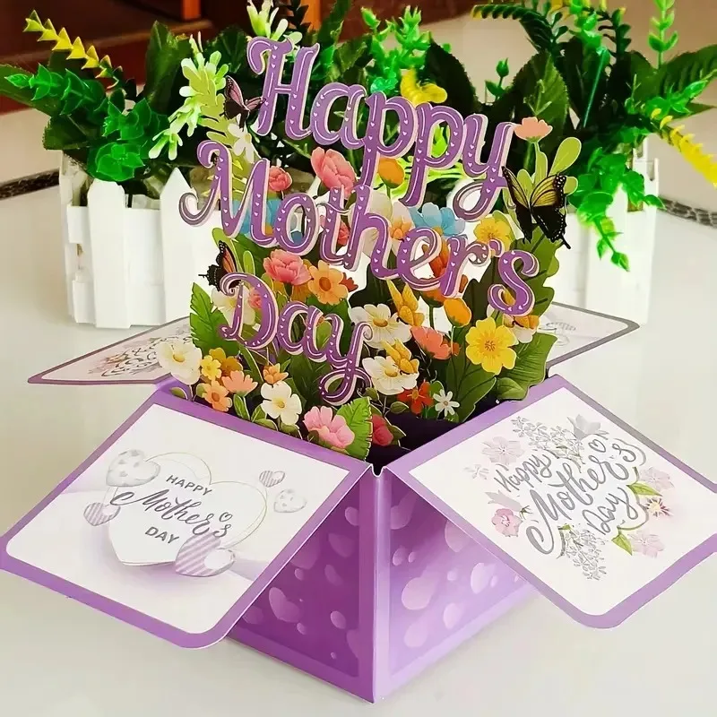 

3D Purple Floral Mother's Day Pop up Greeting Card with Envelope Laser Cut Creative Gift for Mom