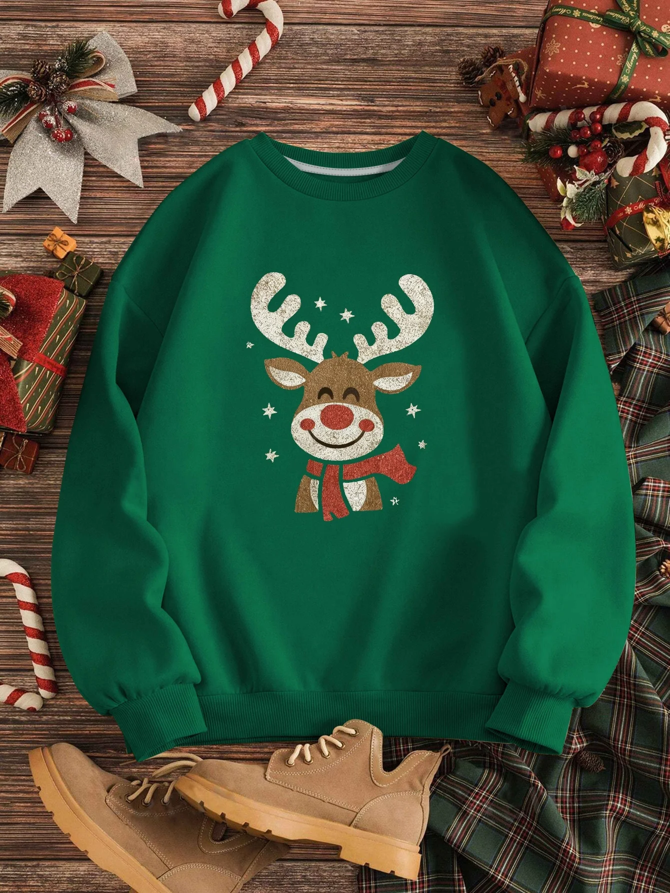 

Smiling Reindeer Graphic Print Sweatshirt, Crew Neck Casual Sweatshirt for Fall & Spring, Women's Clothing