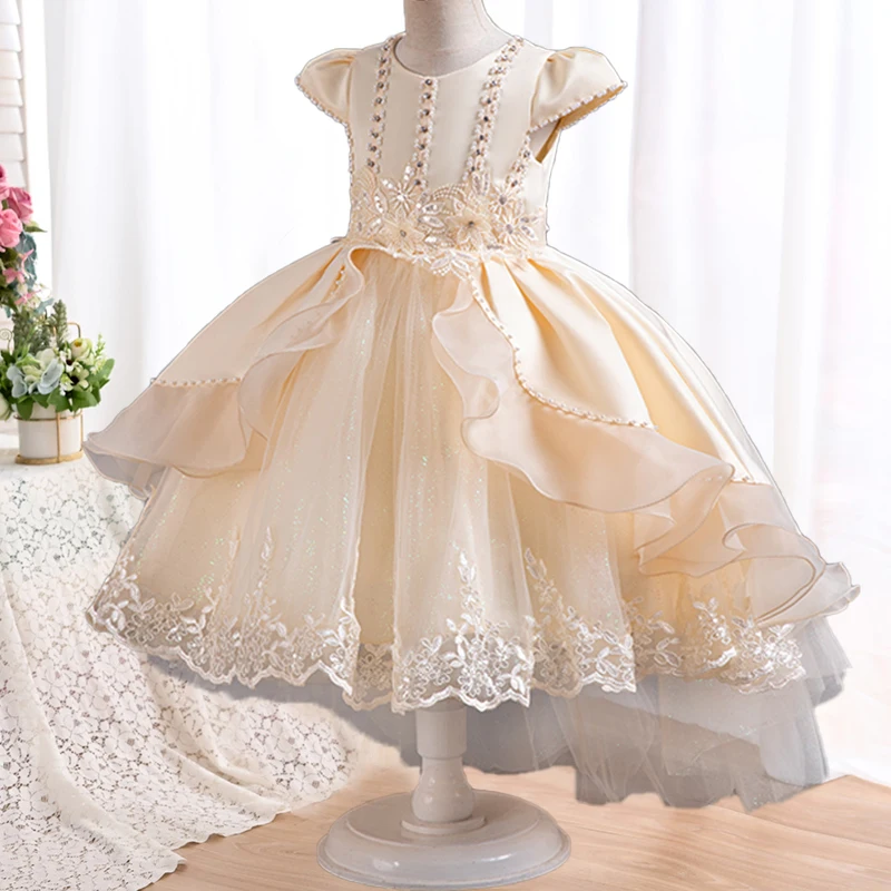 Girl New Princess Dress Embroidery Birthday Lace trailing Elegant Party graduate Ball Gown Summer  Campus Dance Tail Dress 4-12Y