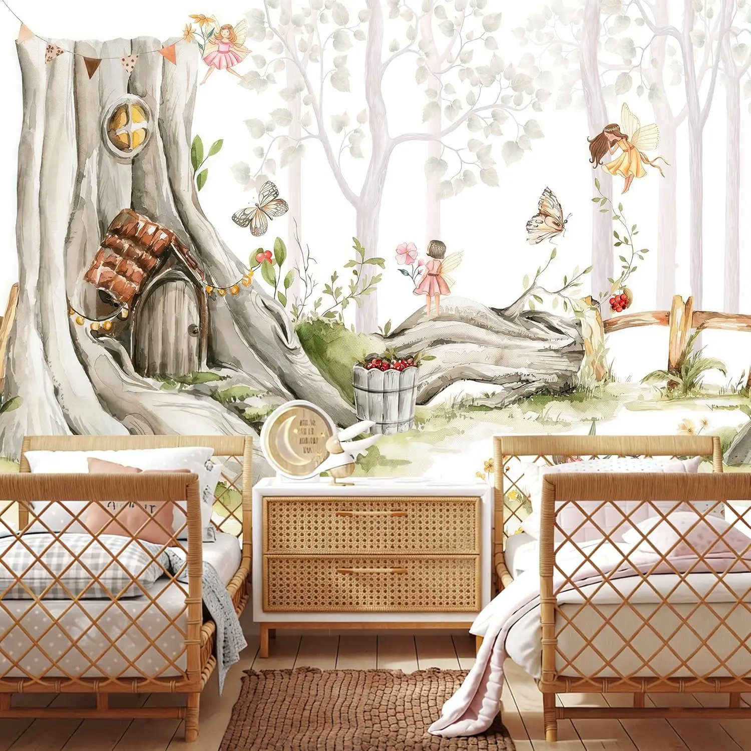 Whimsical Woodland Fairy Forest Tapestry Mural Boho Nursery Kids Room Decor Cottagecore Nature Wall Art Poster