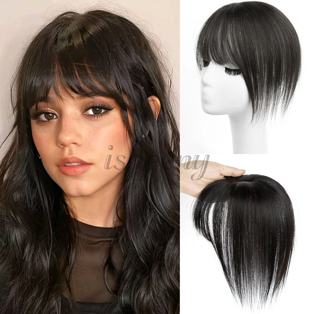 8 Inch Human Hair Topper with Bangs 5x9cm Base Net Natural Look Straight Hairpiece Blending to Hide Bald Spots or White Hair