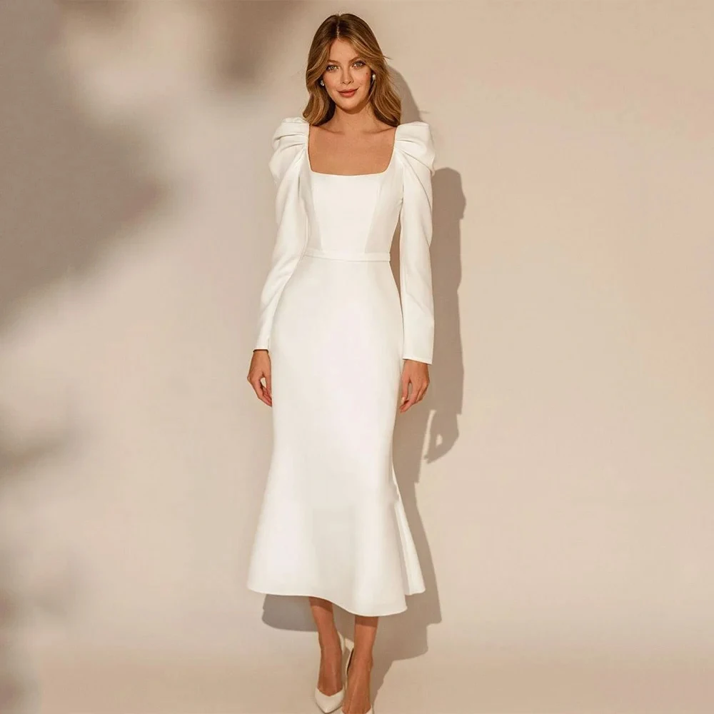 Square Collar Wedding Dresses Full Sleeve Customized 2025 Sheath Bridal Gowns with Jersey New Summer Button Back