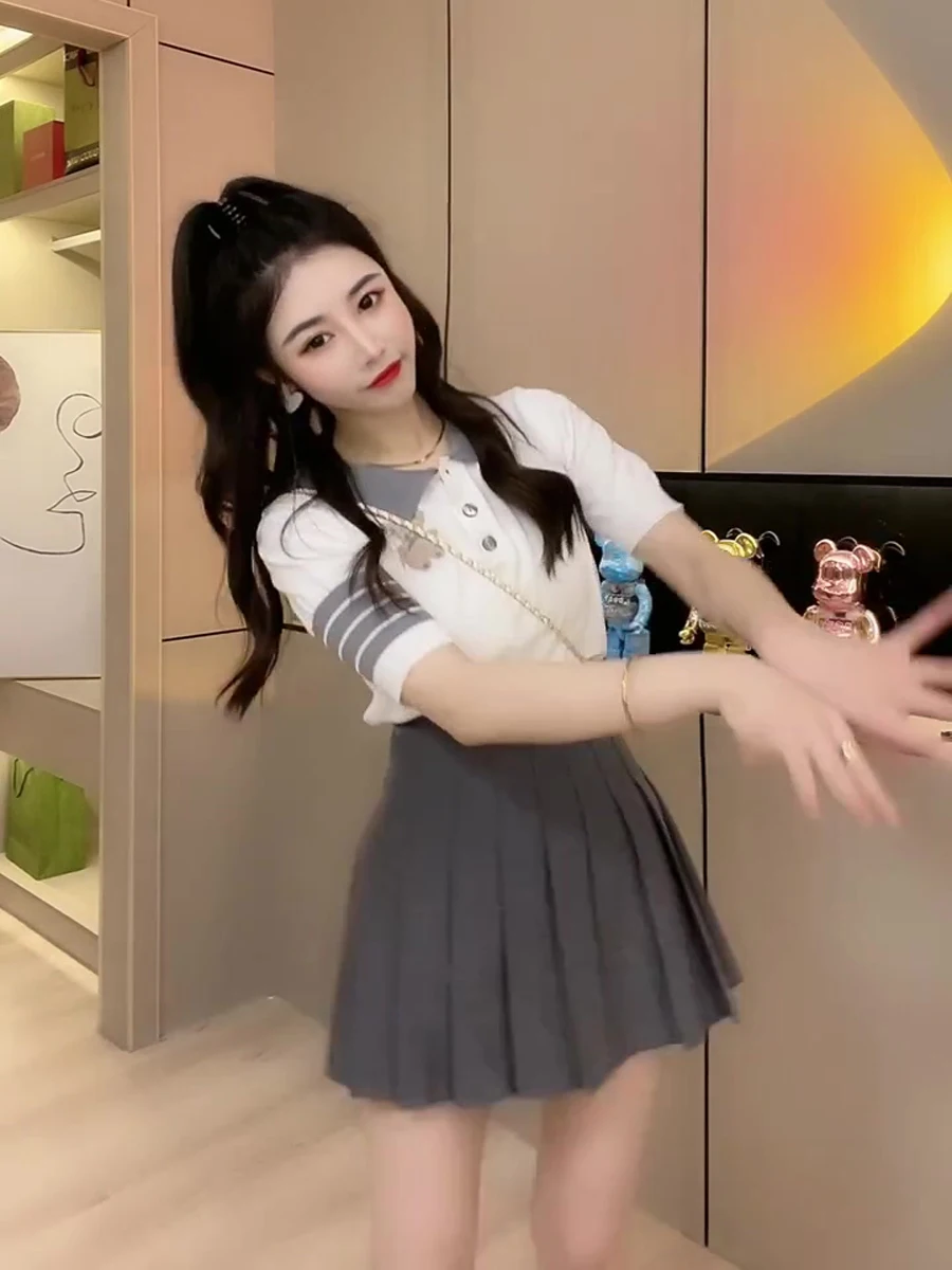 Summer Faion Anti-Aging Pleated Skirt Set College Sle Small Size Women's Clothing Sweet And Sal Two-Piece Skirt Set