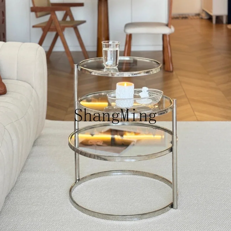 SM small apartment rotating tempered glass transparent round creative stainless steel living room household tea table