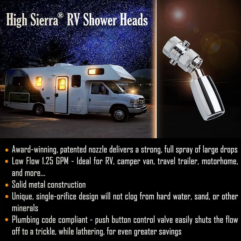 رأس دش RV برمز السباكة المتوافق مع المعدن الصلب، لمسة نهائية كروم عالية الكفاءة 1.25 GPM