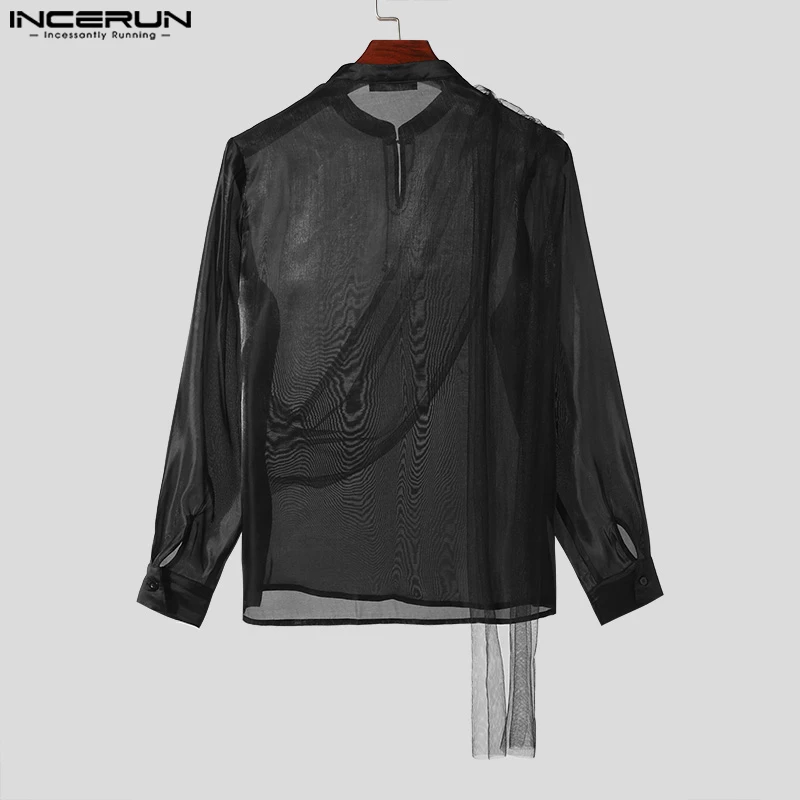 INCERUN Men Shirt Solid Color Mesh Transparent Stand Collar Long Sleeve Men Clothing 2024 Streetwear Casual Male Shirts S-5XL